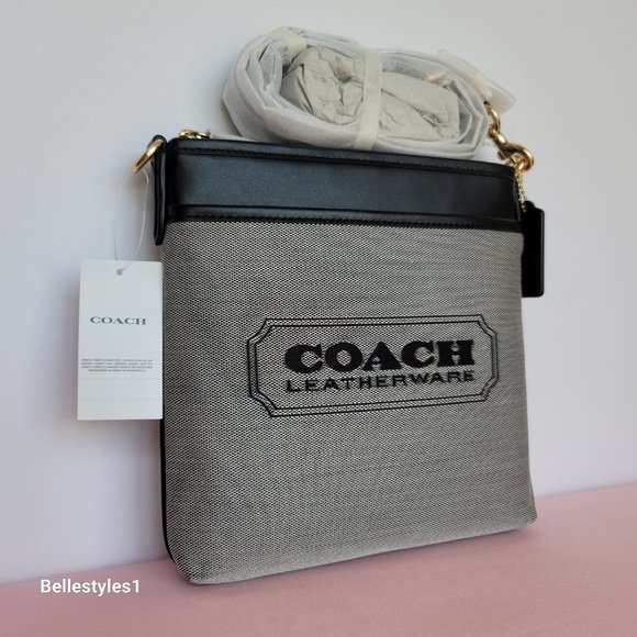 COACH Kitt Badge Jacquard & Smooth Leather Crossbody- Salt Black ⭐ - Picture 2 of 16